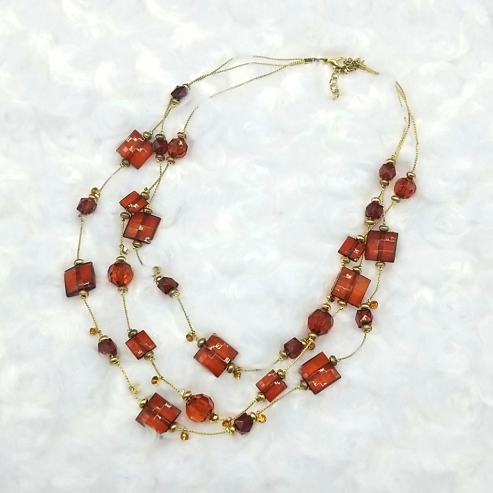 Gold Triple Layered with Amber, Brown, Gold Beads & Orange Rhinestones Necklace